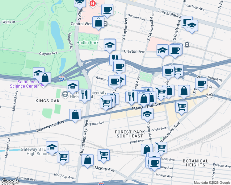 map of restaurants, bars, coffee shops, grocery stores, and more near in St. Louis