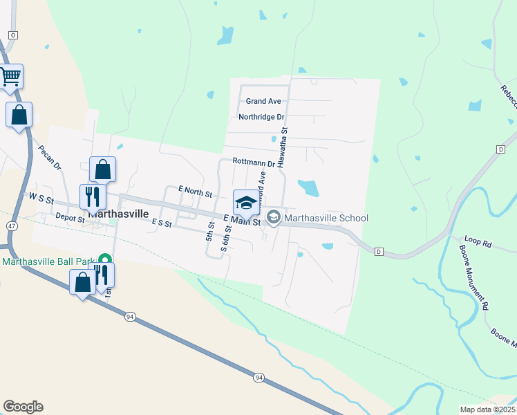 map of restaurants, bars, coffee shops, grocery stores, and more near 103 Griswold Street in Marthasville