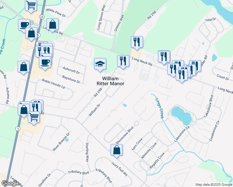 map of restaurants, bars, coffee shops, grocery stores, and more near 32 Woodlyn Road in Millsboro