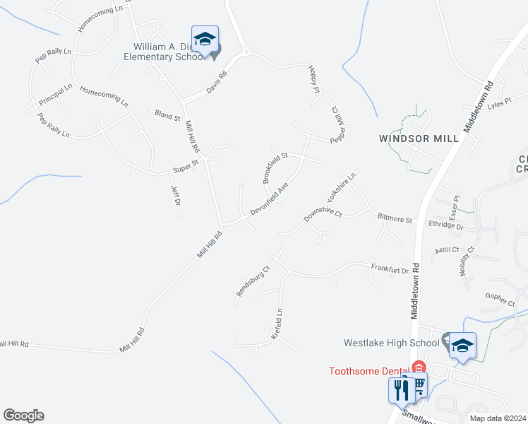 map of restaurants, bars, coffee shops, grocery stores, and more near 2983 Devonfield Avenue in Waldorf