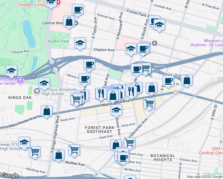 map of restaurants, bars, coffee shops, grocery stores, and more near 4335 Arco Avenue in St. Louis