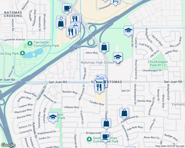 map of restaurants, bars, coffee shops, grocery stores, and more near 129 Luna Grande Circle in Sacramento
