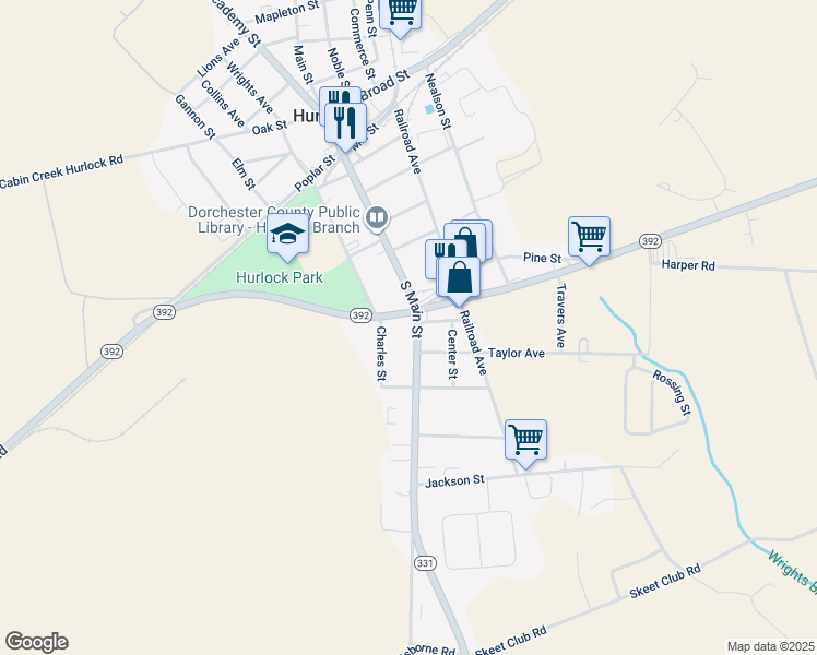 map of restaurants, bars, coffee shops, grocery stores, and more near 402 South Main Street in Hurlock