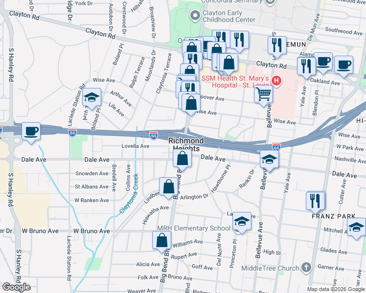 map of restaurants, bars, coffee shops, grocery stores, and more near 1332 South Big Bend Boulevard in Richmond Heights