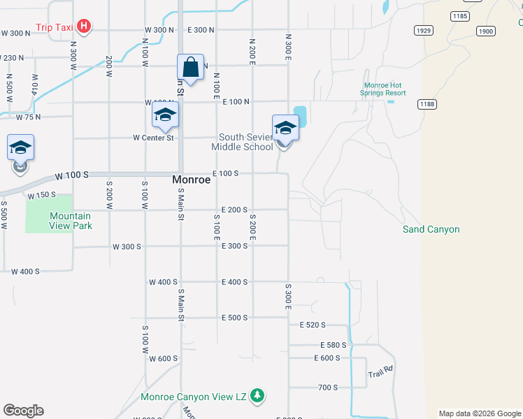 map of restaurants, bars, coffee shops, grocery stores, and more near 230 East 200 South in Monroe