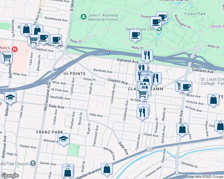 map of restaurants, bars, coffee shops, grocery stores, and more near 1215 Louisville Avenue in St. Louis