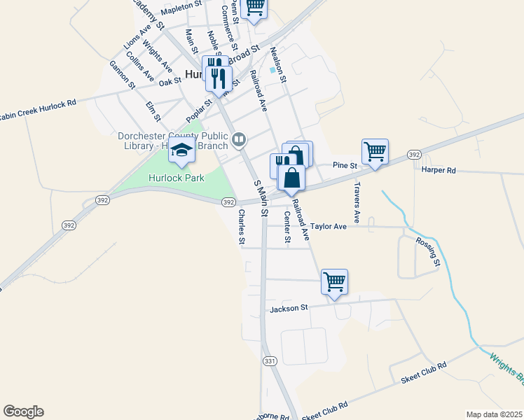 map of restaurants, bars, coffee shops, grocery stores, and more near 402 South Main Street in Hurlock