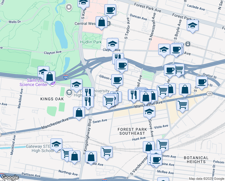 map of restaurants, bars, coffee shops, grocery stores, and more near 4530a Oakland Avenue in St. Louis