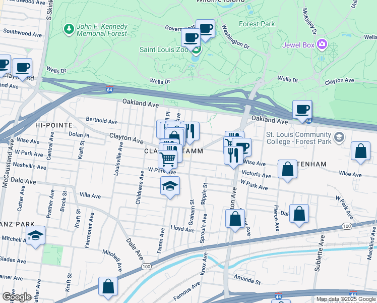 map of restaurants, bars, coffee shops, grocery stores, and more near 6325 Victoria Avenue in St. Louis