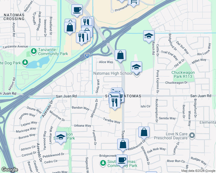 map of restaurants, bars, coffee shops, grocery stores, and more near 111 Balcaro Way in Sacramento