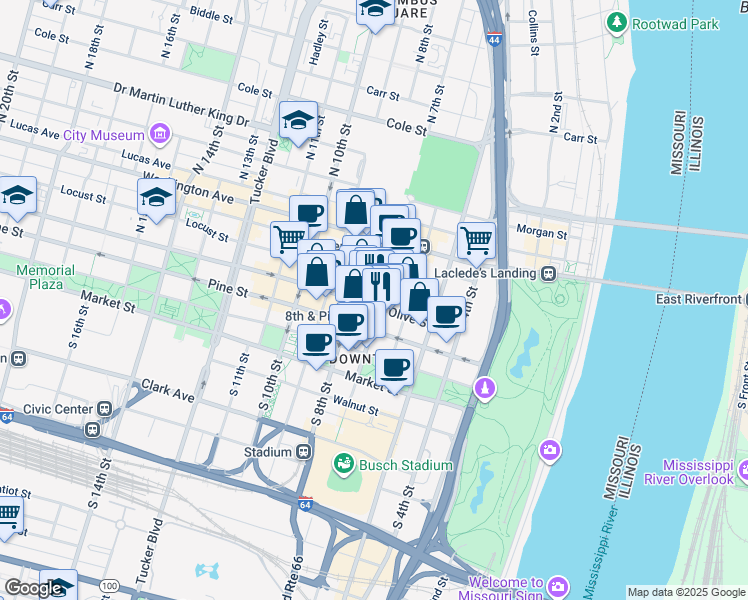 map of restaurants, bars, coffee shops, grocery stores, and more near in St. Louis