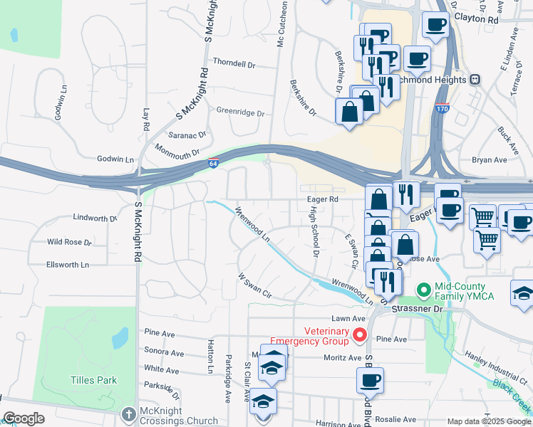 map of restaurants, bars, coffee shops, grocery stores, and more near 9133 North Swan Circle in St. Louis