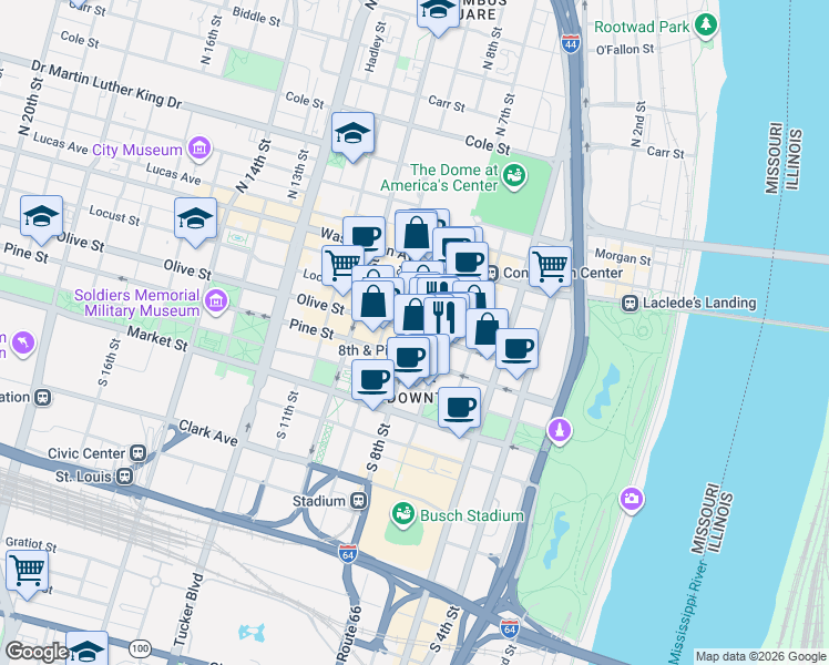 map of restaurants, bars, coffee shops, grocery stores, and more near Olive Street & North 8th Street in St. Louis