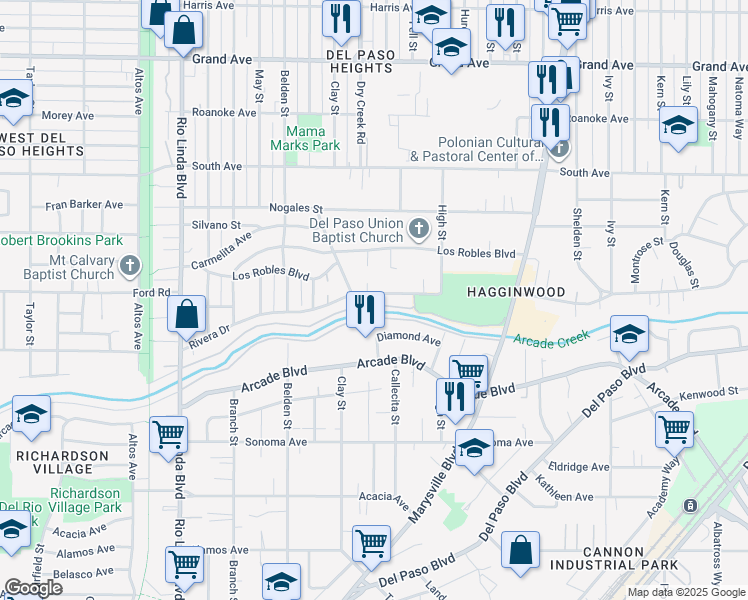 map of restaurants, bars, coffee shops, grocery stores, and more near 1241 Diamond Avenue in Sacramento