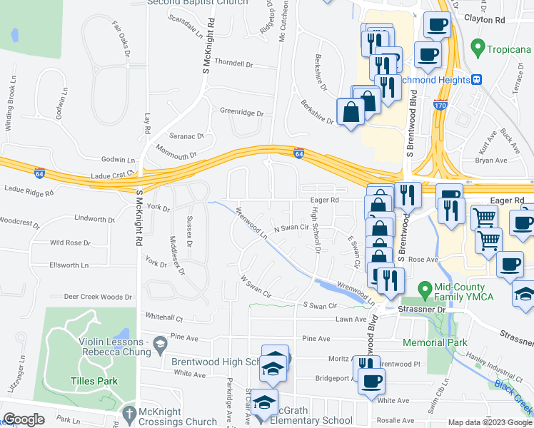 map of restaurants, bars, coffee shops, grocery stores, and more near 9133 North Swan Circle in St. Louis