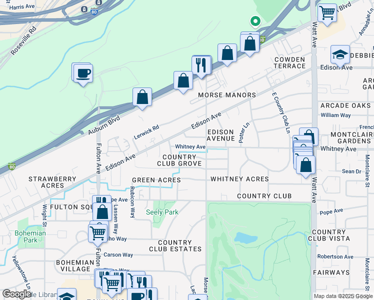 map of restaurants, bars, coffee shops, grocery stores, and more near 3016 Tamalpais Way in Sacramento