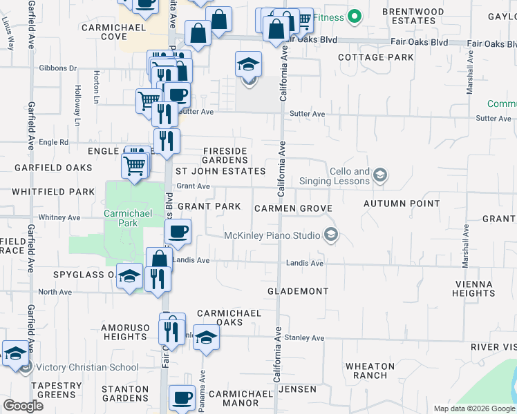 map of restaurants, bars, coffee shops, grocery stores, and more near 3506 Verla Street in Carmichael