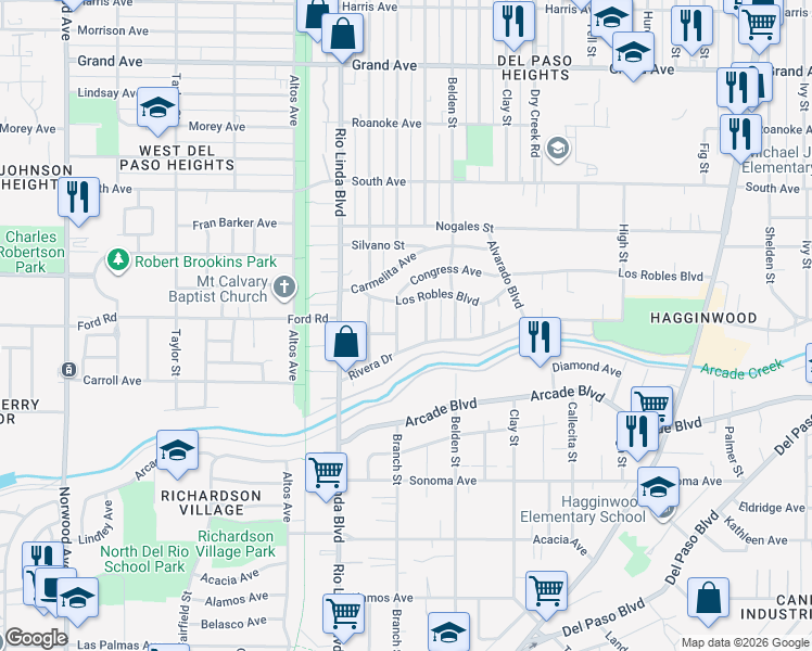 map of restaurants, bars, coffee shops, grocery stores, and more near 1022 Rivera Drive in Sacramento