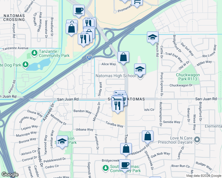 map of restaurants, bars, coffee shops, grocery stores, and more near 111 Balcaro Way in Sacramento