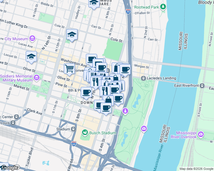 map of restaurants, bars, coffee shops, grocery stores, and more near 301 North Broadway in St. Louis