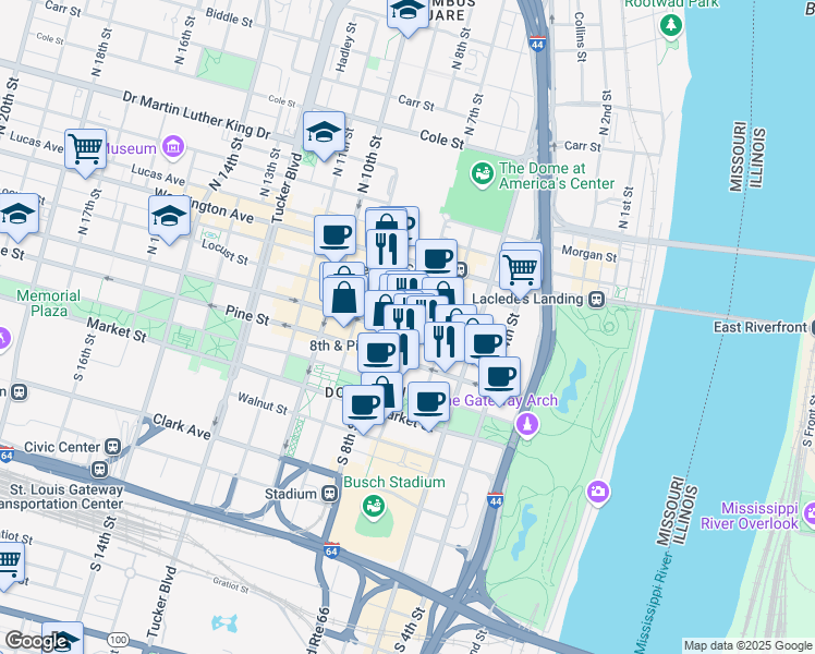map of restaurants, bars, coffee shops, grocery stores, and more near 801 Pine Street in St. Louis