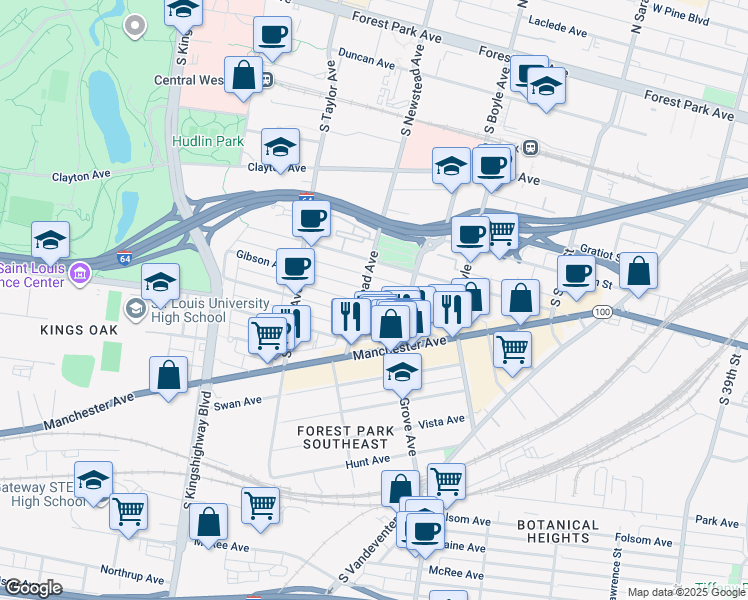 map of restaurants, bars, coffee shops, grocery stores, and more near 4335 Arco Avenue in St. Louis