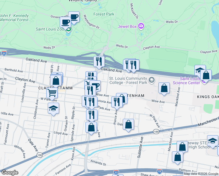 map of restaurants, bars, coffee shops, grocery stores, and more near 5800 Highlands Plaza Drive in St. Louis