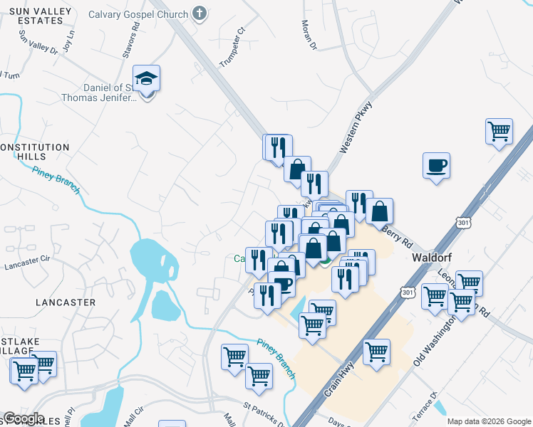 map of restaurants, bars, coffee shops, grocery stores, and more near 11316 Golden Eagle Place in Waldorf