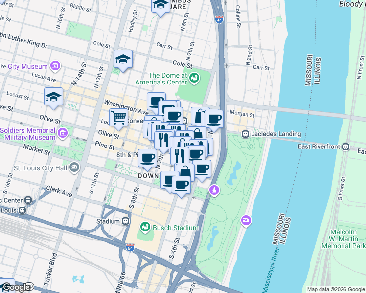 map of restaurants, bars, coffee shops, grocery stores, and more near 301 North Broadway in St. Louis