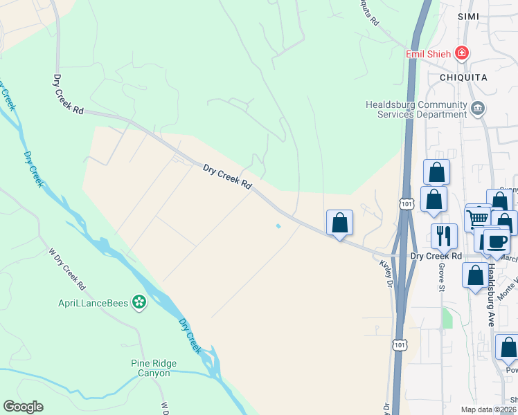 map of restaurants, bars, coffee shops, grocery stores, and more near 724 Dry Creek Road in Healdsburg