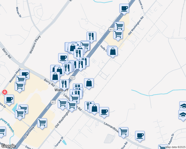 map of restaurants, bars, coffee shops, grocery stores, and more near 2965 Old Washington Road in Waldorf