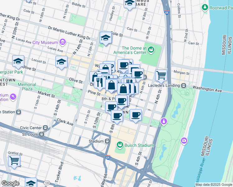 map of restaurants, bars, coffee shops, grocery stores, and more near 202 North 9th Street in St. Louis