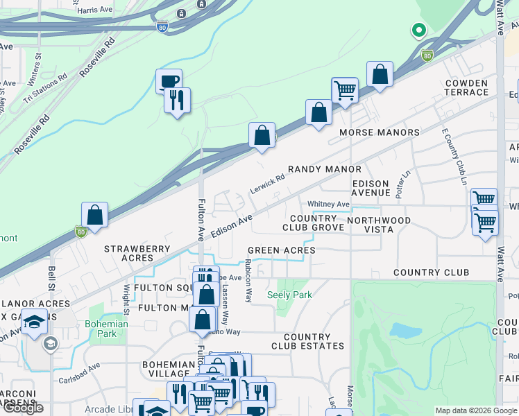 map of restaurants, bars, coffee shops, grocery stores, and more near 2702 Lerwick Road in Sacramento