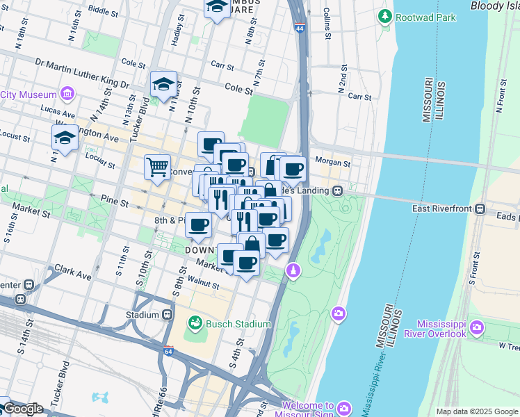 map of restaurants, bars, coffee shops, grocery stores, and more near 314 North Broadway in St. Louis