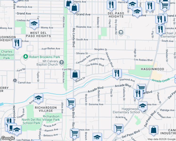 map of restaurants, bars, coffee shops, grocery stores, and more near 1022 Rivera Drive in Sacramento