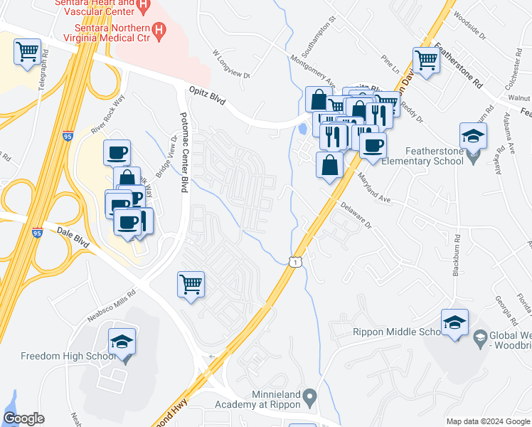map of restaurants, bars, coffee shops, grocery stores, and more near 2175 Oberlin Drive in Woodbridge