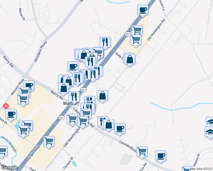 map of restaurants, bars, coffee shops, grocery stores, and more near 2965 Old Washington Road in Waldorf