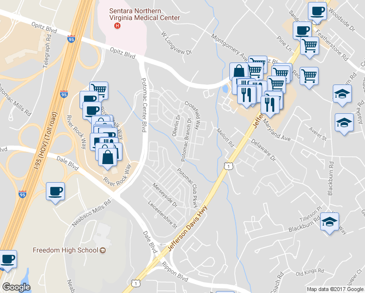map of restaurants, bars, coffee shops, grocery stores, and more near 14896 Potomac Branch Drive in Woodbridge