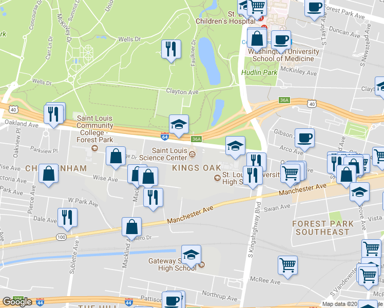 map of restaurants, bars, coffee shops, grocery stores, and more near 5050 Oakland Avenue in Saint Louis