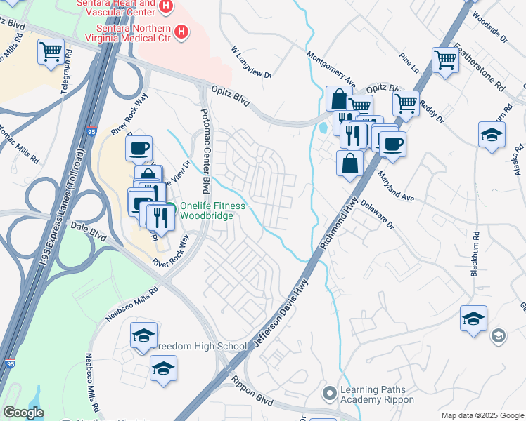 map of restaurants, bars, coffee shops, grocery stores, and more near 14896 Potomac Branch Drive in Woodbridge