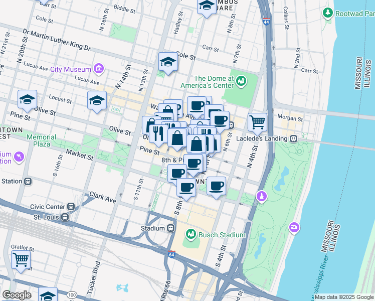 map of restaurants, bars, coffee shops, grocery stores, and more near 818 Olive Street in St. Louis