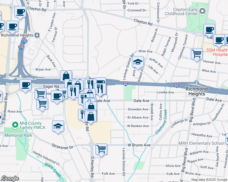 map of restaurants, bars, coffee shops, grocery stores, and more near 8001 Dale Avenue in Richmond Heights