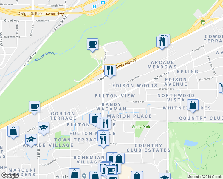 map of restaurants, bars, coffee shops, grocery stores, and more near 2631 Edison Avenue in Sacramento