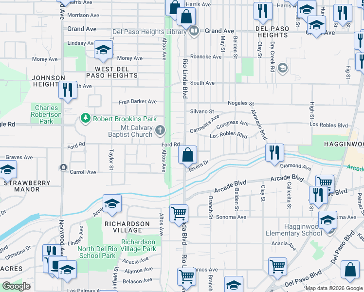 map of restaurants, bars, coffee shops, grocery stores, and more near 3330 Rio Linda Boulevard in Sacramento