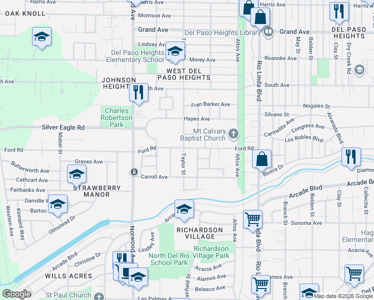 map of restaurants, bars, coffee shops, grocery stores, and more near 3351 Auntine Burney Street in Sacramento