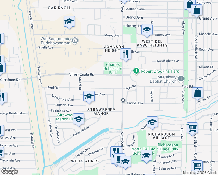 map of restaurants, bars, coffee shops, grocery stores, and more near 257 Graves Avenue in Sacramento