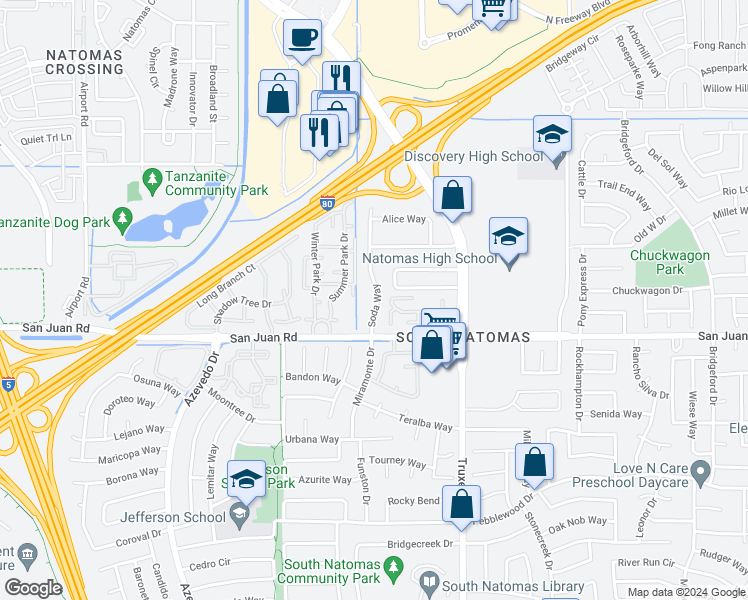 map of restaurants, bars, coffee shops, grocery stores, and more near 3340 Soda Way in Sacramento