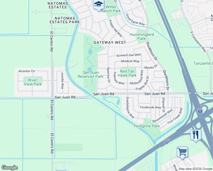 map of restaurants, bars, coffee shops, grocery stores, and more near 3305 Sora Way in Sacramento