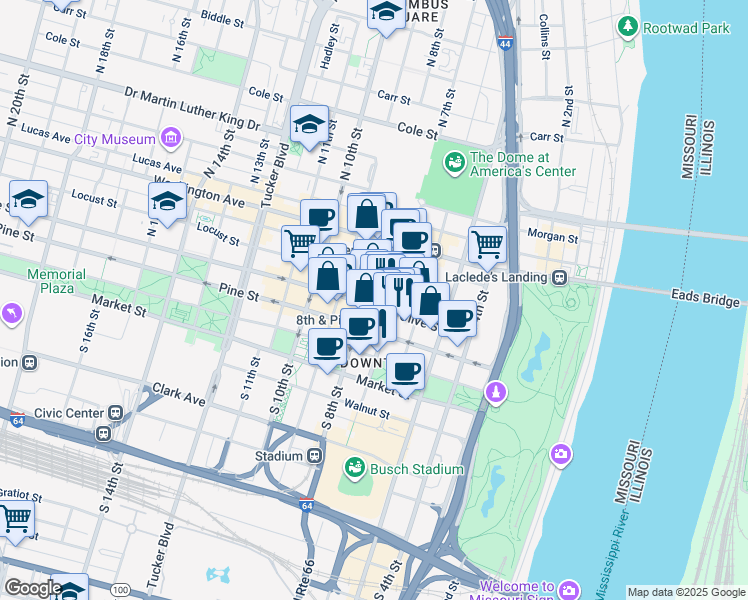 map of restaurants, bars, coffee shops, grocery stores, and more near 801 Pine Street in St. Louis