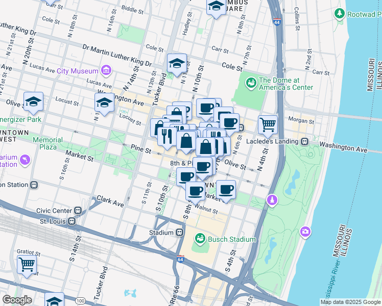 map of restaurants, bars, coffee shops, grocery stores, and more near 202 North 9th Street in St. Louis
